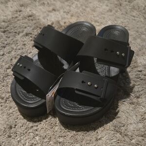 CROCS Black Brooklyn Buckle Low Wedge Sandals